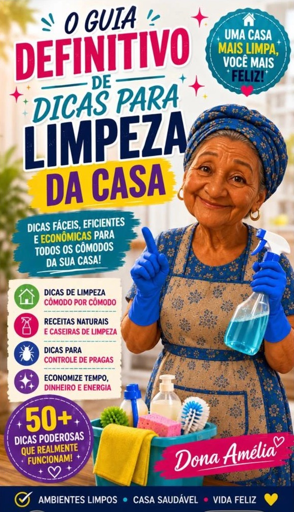 Capa do e-book O Guia Definitivo de Dicas para Limpeza da Casa, com a Dona Amélia segurando um borrifador